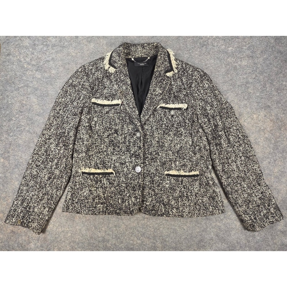 Talbots Womens Black White Tweed Fringe Trim Blazer Jacket Silver Crest Buttons